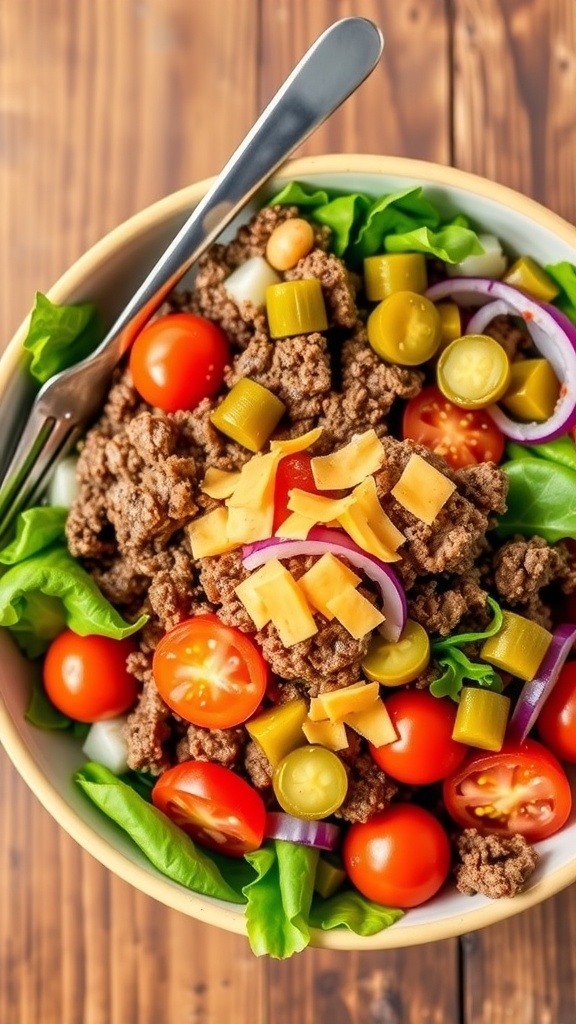 A colorful hamburger salad with ground beef, mixed greens, tomatoes, pickles, and cheese on a wooden table.